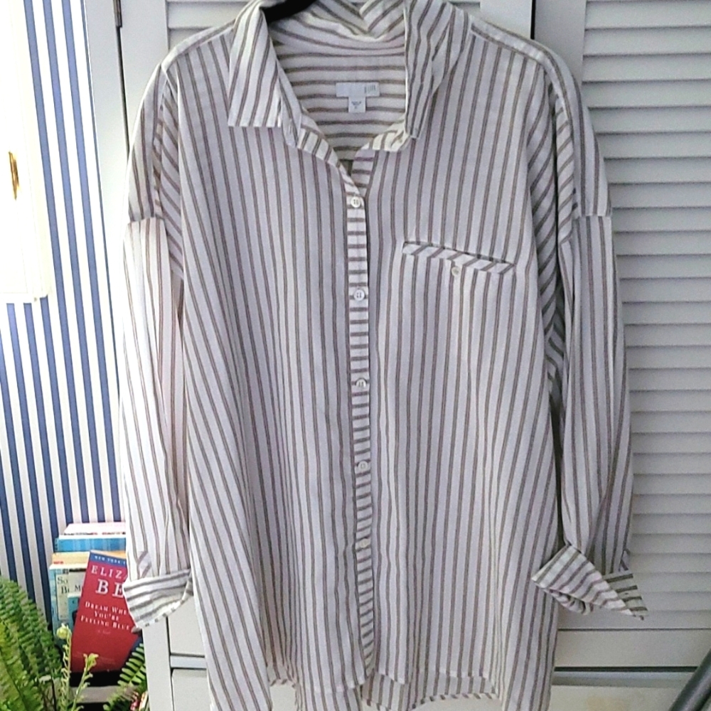 J.Jill XL White & Tan Stripe Casual Button Down Tunic - Picture 8 of 9